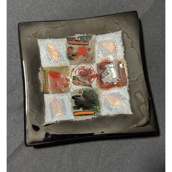 Decorative Square Platter Handmade Fused Glass Patchwork Centerpiece  8.25" - Picture 6 of 8